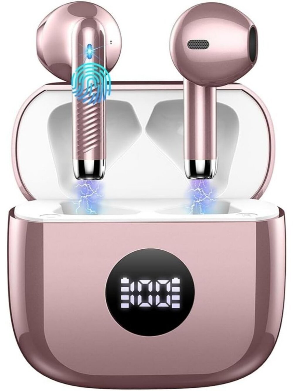 Wireless Rose Gold LED Power Display Bass Stereo 40H Playback Bluetooth Earbud
